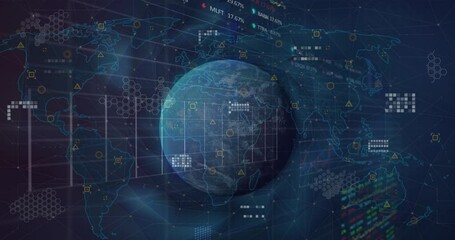 Animation of statistical and stock market data processing over spinning globe and world map - Powered by Adobe