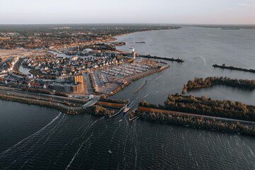 Aerial view of boat crossing aquaduct in Harderwijk, Veluwemeer The Netherlands