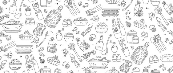 Vegetables and kitchenware on white background seamless pattern - obrazy, fototapety, plakaty