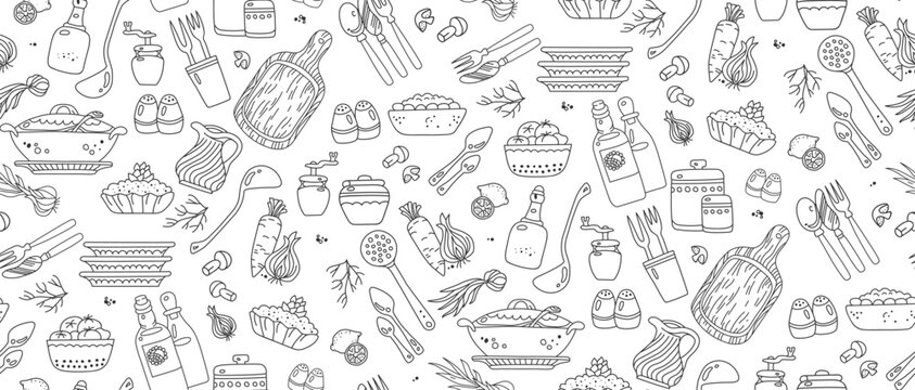 Vegetables and kitchenware on white background seamless pattern