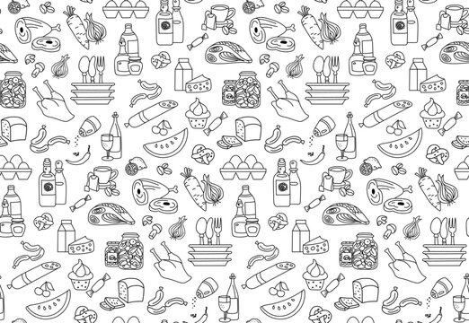 Seamless pattern with groceries, vegetables and fruits on white background. Hand drawn vector illustration.
