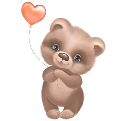 Cute baby teddy bear with balloon heart isolated on white background. Beautiful cartoon little bear for Valentines day card or birthday postcard