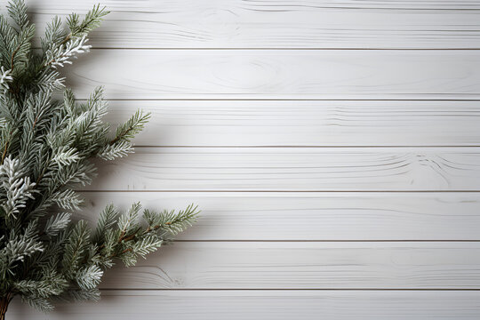 christmas fir branches on wooden background
