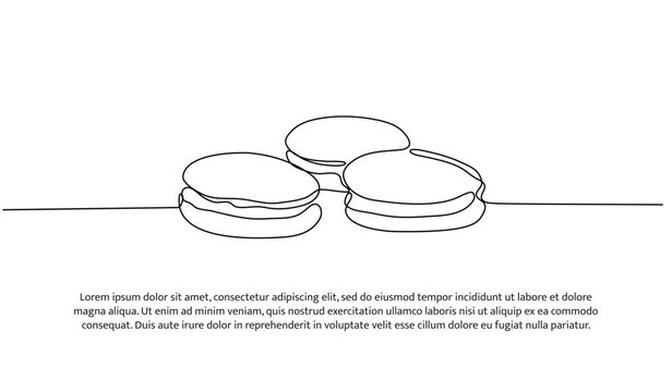 Macaron cookie one continuous line design. Restaurant food menu design concept. Decorative elements drawn on a white background.