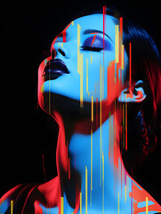 Sensual pop art silhouette of a girl with neon light in the style of surrealism and retro concept. Trendy colorful women's poster idea.