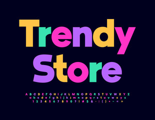 Vector modern Flyer Trendy Store. Trendy Bright Font. Colorful Alphabet Letters and Numbers set. 