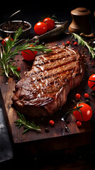 Delicious looking grilled beefsteak on the table with tomatoes and other vegetables. Concept poster banner for gastronomy