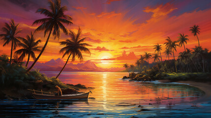 Fototapeta na wymiar a painting of a sunset with palm trees and the ocean 