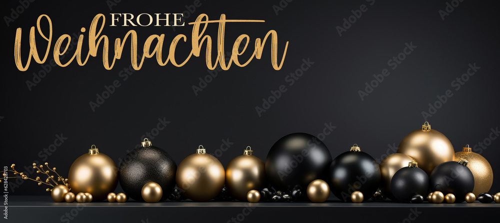 Wall mural frohe weihnachten, festliche grußkarte mit deutschem text – goldene und schwarze christbaumkugeln au