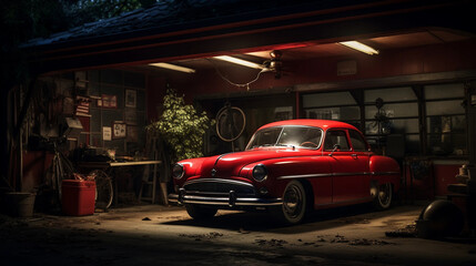 a red car parked in a garage with its lights