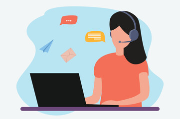 online consultant a woman work a laptop communication on a headset or Business support and online sales