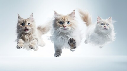 Advertisement studio banner with fluffy kittens flying in the air on pale blue background. Generative AI technology