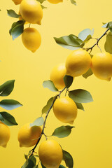Lemons on a branch, yellow background, generative ai