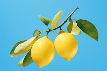 two lemons on a branch, blue background, generative ai