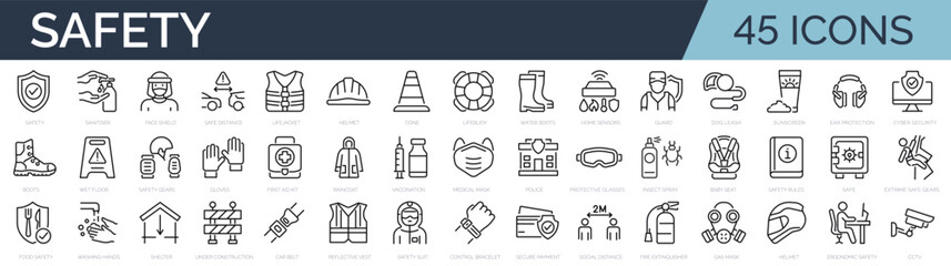 Set of 45 outline icons related to safety. Linear icon collection. Editable stroke. Vector illustration - obrazy, fototapety, plakaty
