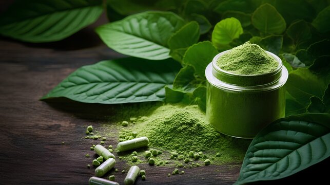 A still life arrangement featuring Kratom powder, fresh green leaves, and capsules. Alternative medicinal use of Kratom, a tropical tree, often used in traditional medicine. Generative AI