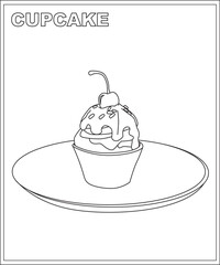 cupcake illustration coloring book page, food coloring book for children