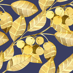 Autumn pattern on a dark background, yellow leaves and sprigs of berries. Golden plants, watercolor illustration.