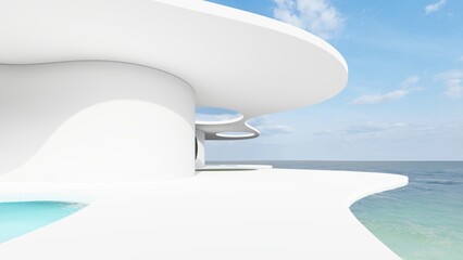 Futuristic minimalist architecture curved building and beautiful seascape view 3d render