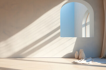 Zona exterior estilo griego - Ventana Mediterráneo casa colores neutrales, azul y blanco - Sabanas y botijos -