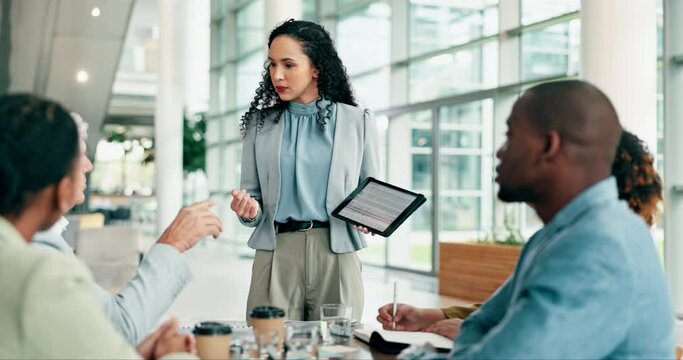 Business people, questions and presentation on tablet screen for clients meeting, sales and information or advice. Feedback, report or proposal of professional manager and woman on digital technology