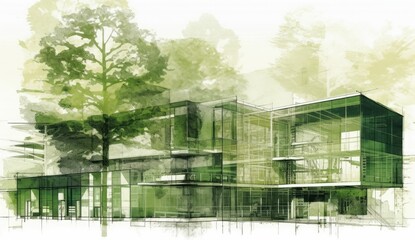 Sustainable office building sketch showcasing green