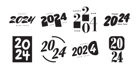 Set of 2024 Happy New Year Logo Text Design. 2024 Numbers or Labels with Black Color Isolated on White Background. New Year Symbol