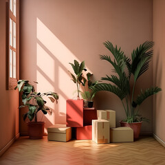 Living room with a plant and boxes. Illustration. Ai generation.