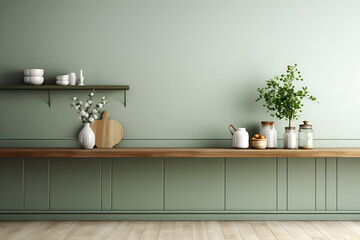 Green Wall with Wooden Shelf and Bench 