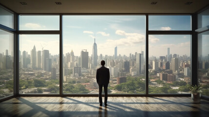 Fototapeta na wymiar Businessman standing in office room, in front of big window, watch downtown below, AI generated.