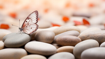 Fototapeta na wymiar Butterfly On Spa Massage Stones In Zen Garden 
