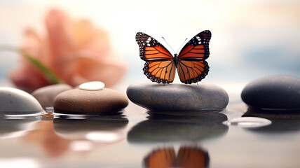 Fototapeta na wymiar Butterfly On Spa Massage Stones In Zen Garden 