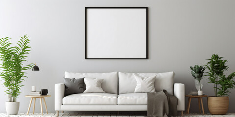 Blank canvas frame mockup on gray wall. White living room design. View of modern scandinavian style interior with artwork mock up on wall.  - Generative AI