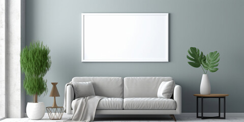 Blank picture frame mockup on gray wall. White living room design. View of modern scandinavian style interior with artwork mock up on wall. - Generative AI