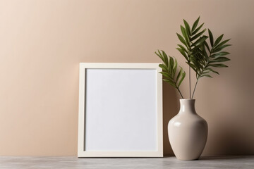 Empty horizontal frame mockup in modern minimalist interior with plant in trendy vase on beige wall background. 