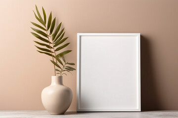 Empty horizontal frame mockup in modern minimalist interior with plant in trendy vase on beige wall background. 