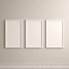 Picture frame mockup. Set of three vertical white frames on beige neutral wall background.