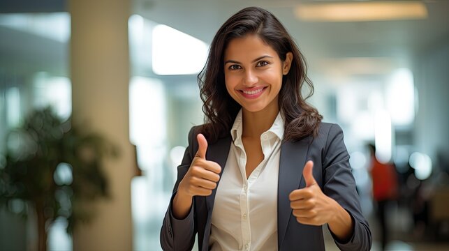 portrait of a business woman giving thumbs up