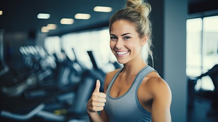 Portrait of woman in the gym giving thumbs up to fitness