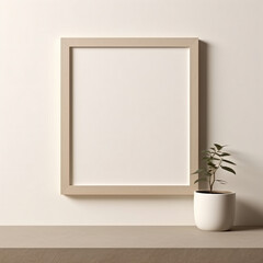 Fototapeta na wymiar Square frame mockup close up on wall painted beige color