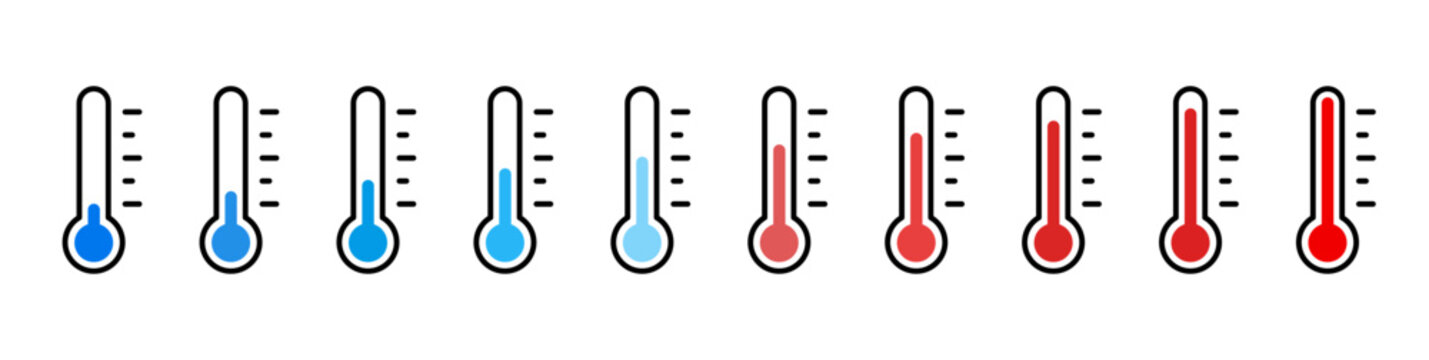 Thermometer icon. Temperature thermometer icon collection. Weather thermometer icon or sign. Stock vector