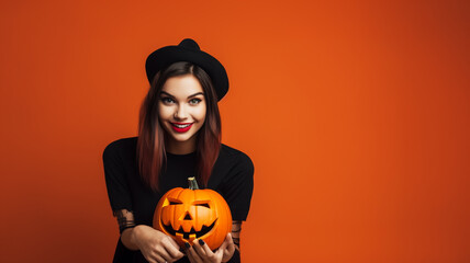Young Lady holding a jack o lantern pumpkin. Halloween Theme,