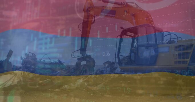 Animation of infographic interface and flag of armenia over crane at junkyard - Powered by Adobe