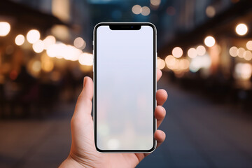 Hand holding smartphone device with bokeh city background. Generative AI