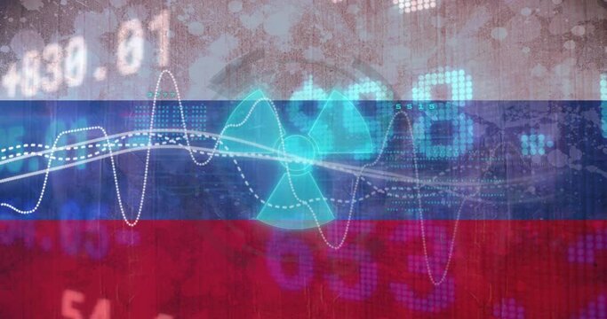 Animation of multiple graphs and numbers with fan icon over russian national flag