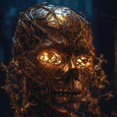 A captivating close-up of a spooky Halloween mask, perfectly illuminated by accent lighting, highlighting its intricate details and macabre allure.