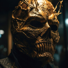 A captivating close-up of a spooky Halloween mask, perfectly illuminated by accent lighting, highlighting its intricate details and macabre allure.