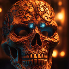 A captivating close-up of a spooky Halloween mask, perfectly illuminated by accent lighting, highlighting its intricate details and macabre allure.