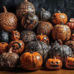 A collection of carved and painted Halloween-themed pumpkins in various sizes, showcasing creative designs and patterns. 