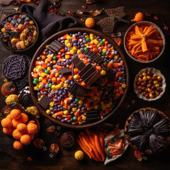 A collection of Halloween-themed candies and treats, including candy corn, gummy worms, and chocolate bats, artfully arranged in a colorful display. 